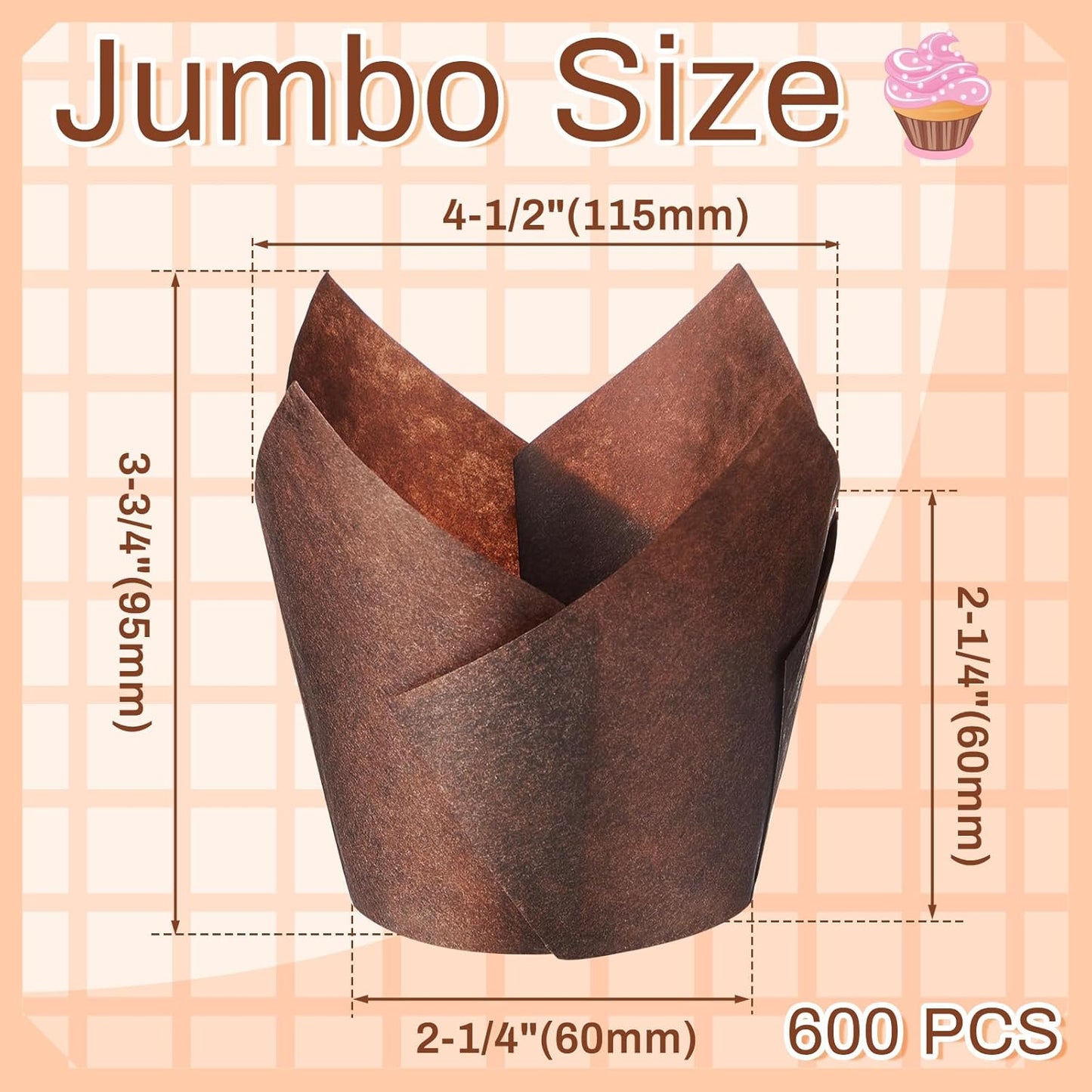 600 Pcs Jumbo Muffin Liners for Baking 2-1/4" x 4" Large Tulip Cupcake Liners Greaseproof Cupcake Wrapper Paper for Weddings Birthday Christmas Anniversaries Party (Brown)