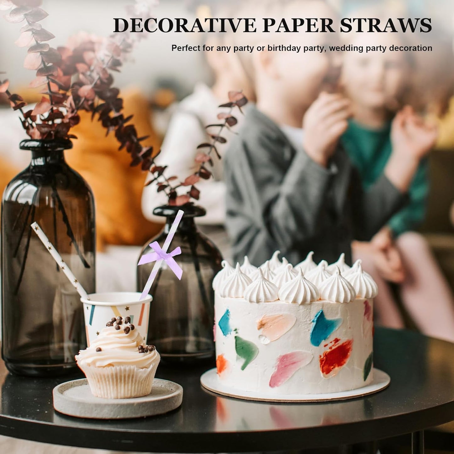 60Pcs Purple Paper Straws with Bow Tie Decorations, Disposable Drinking Straws for Birthday, Wedding, Baby Shower, Party Supplies and Festive Events