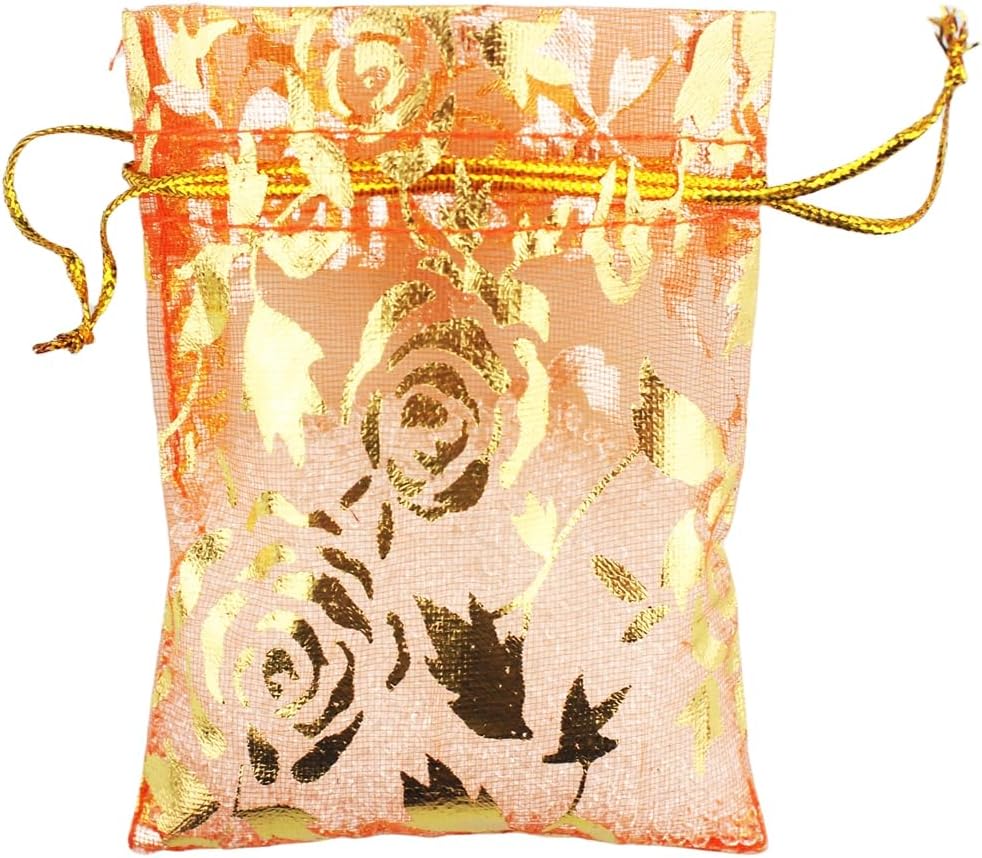 QIANHAILIZZ 100 Pack 2.8 x 3.5 Inch Flower Heart Organza Jewelry Gift Pouch Candy Pouch Drawstring Wedding Favor Bags B511S (orange gold flower)