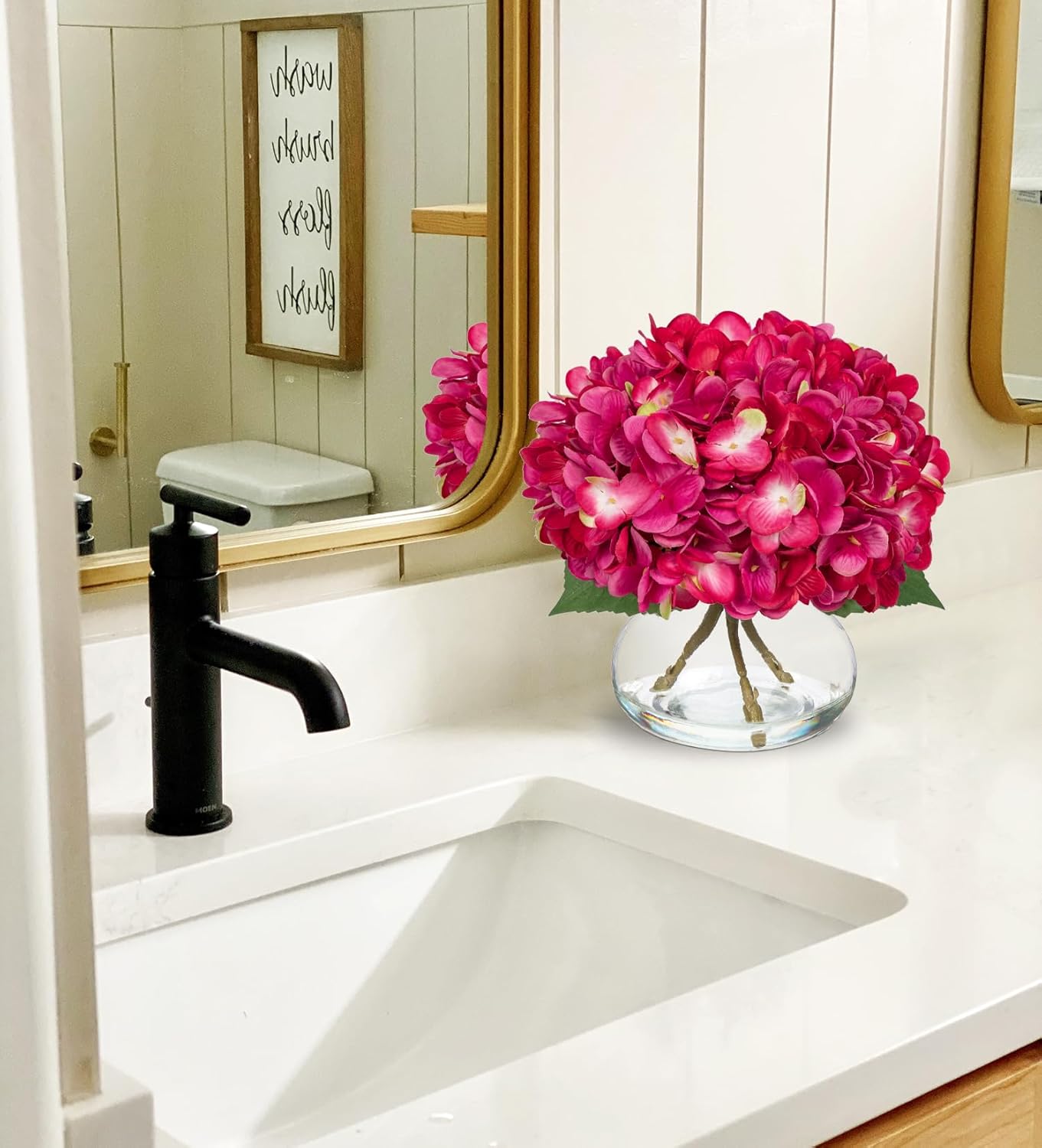 Hollyone Hydrangea Artificial Flowers with Glass Vase Fuchsia Silk Faux Flowers Arrangements in Vase with Faux Water Fake Floral Bulk Bouquet for Home Decor Table Centerpiece Decorations