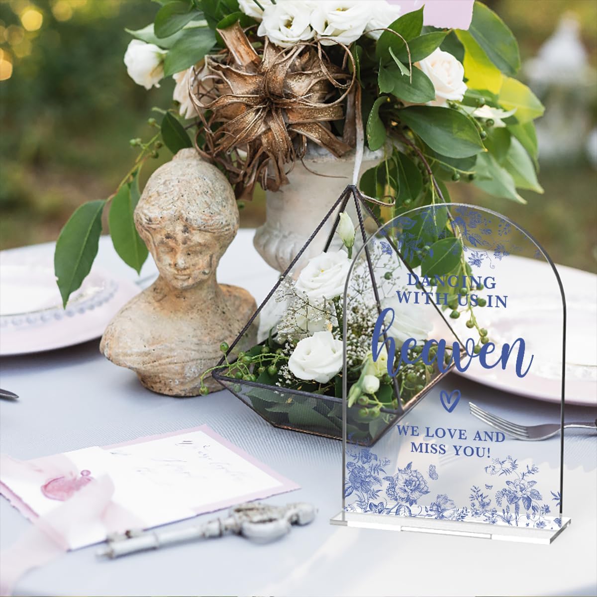 Acrylic Wedding Signs, Dusty Blue Wedding Decor, Blue Weddings Decor, Modern Calligraphy Arch Acrylic Table Top Sign for Weddings Parties Dinners - Dancing With Us in Heaven (Clear)