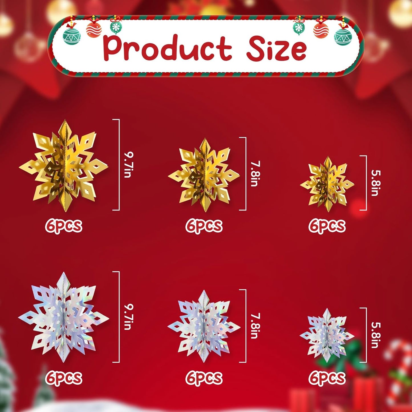 Benbilry 3D Hanging Snowflake Decorations for Christmas Tree, 36pcs 3 Size Winter Wonderland Decorations for Frozen Birthday Party, Christmas Home Decor - 18pcs Iridescent and 18pcs Gold Color