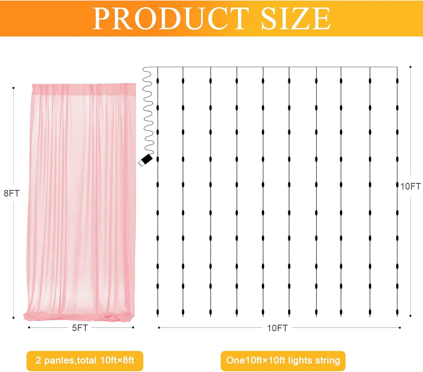 Fomcet Peach Tulle Backdrop Curtains with Lights String 10FT X 8FT Sheer Curtain with Lights Tulle Curtains Backdrop for Wedding Birthday Party Baby Shower Photo Shoot (2 Panels 5x8FT)