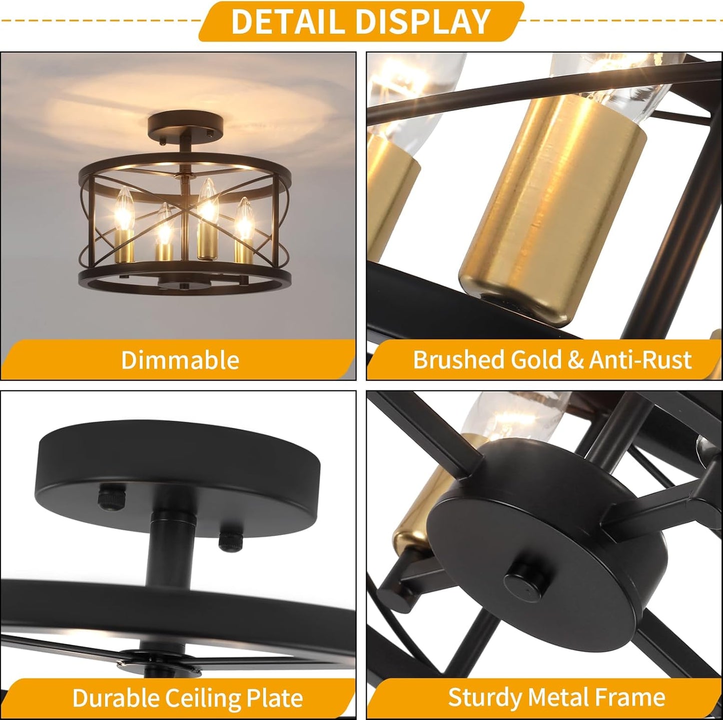 Black and Brushed Gold Semi Flush Mount Ceiling Light, Farmhouse Modern Light Fixture, Hallway Light Fixtures, 4-Light Ceiling Lamp for Kitchen, Entryway, Laundry Room, Bedroom Lighting, UL Listed