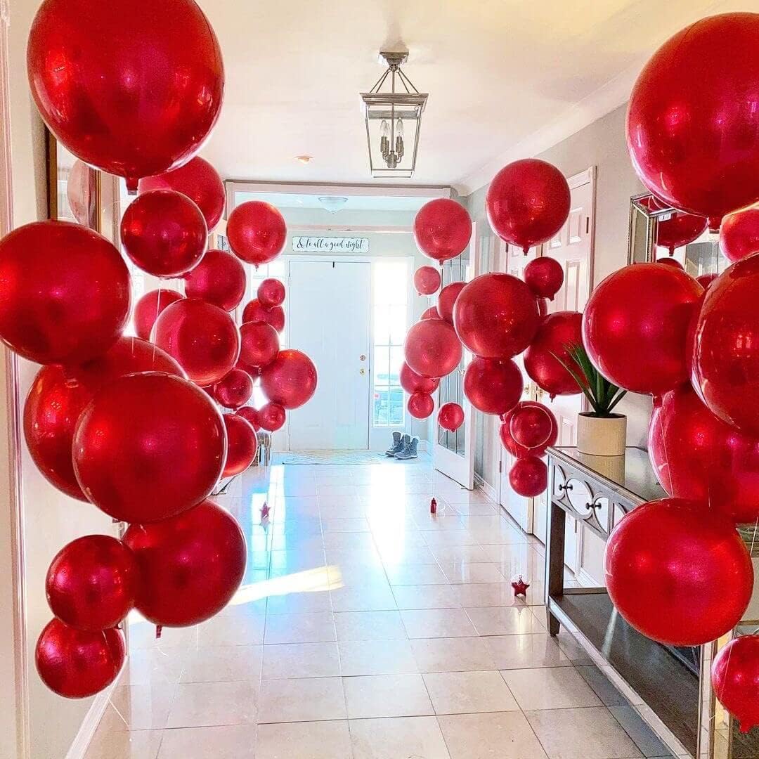 LHOAVWE 6 Pack 22 Inch 4D Red Balloons: 6 Pcs Round Foil Balloons (Uninflated) + Straw + 32 Foot Ribbon Roll - Red, Perfect for Birthday Parties