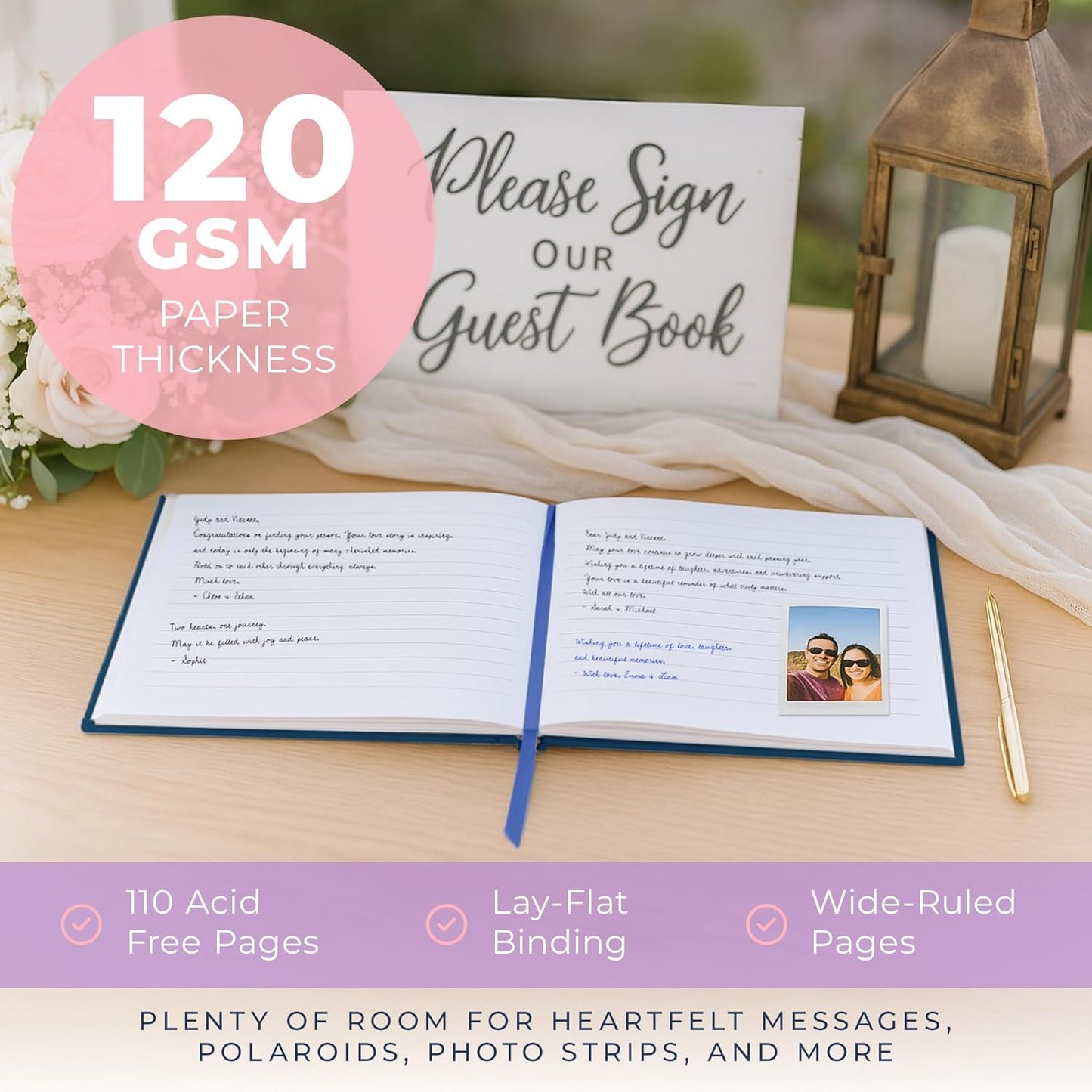 Promot Personalized Guestbook for Party (Sapphire Blue) - 110 Lined Pages in Wood-Free Vegan Leather Hard Cover - Wedding Guest Book Sign in and Photos, Baby Shower, Birthday or Graduation