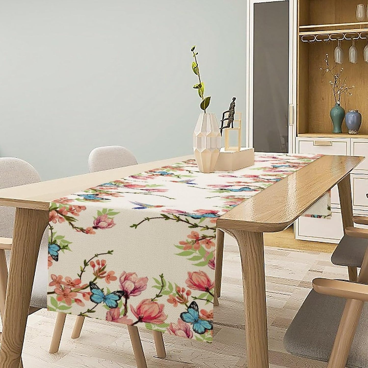Floral Butterfly Table Runner Seasonal Spring Flower Bird Table Decoration Table Runner for Home Party Decoration 13x60 Inch