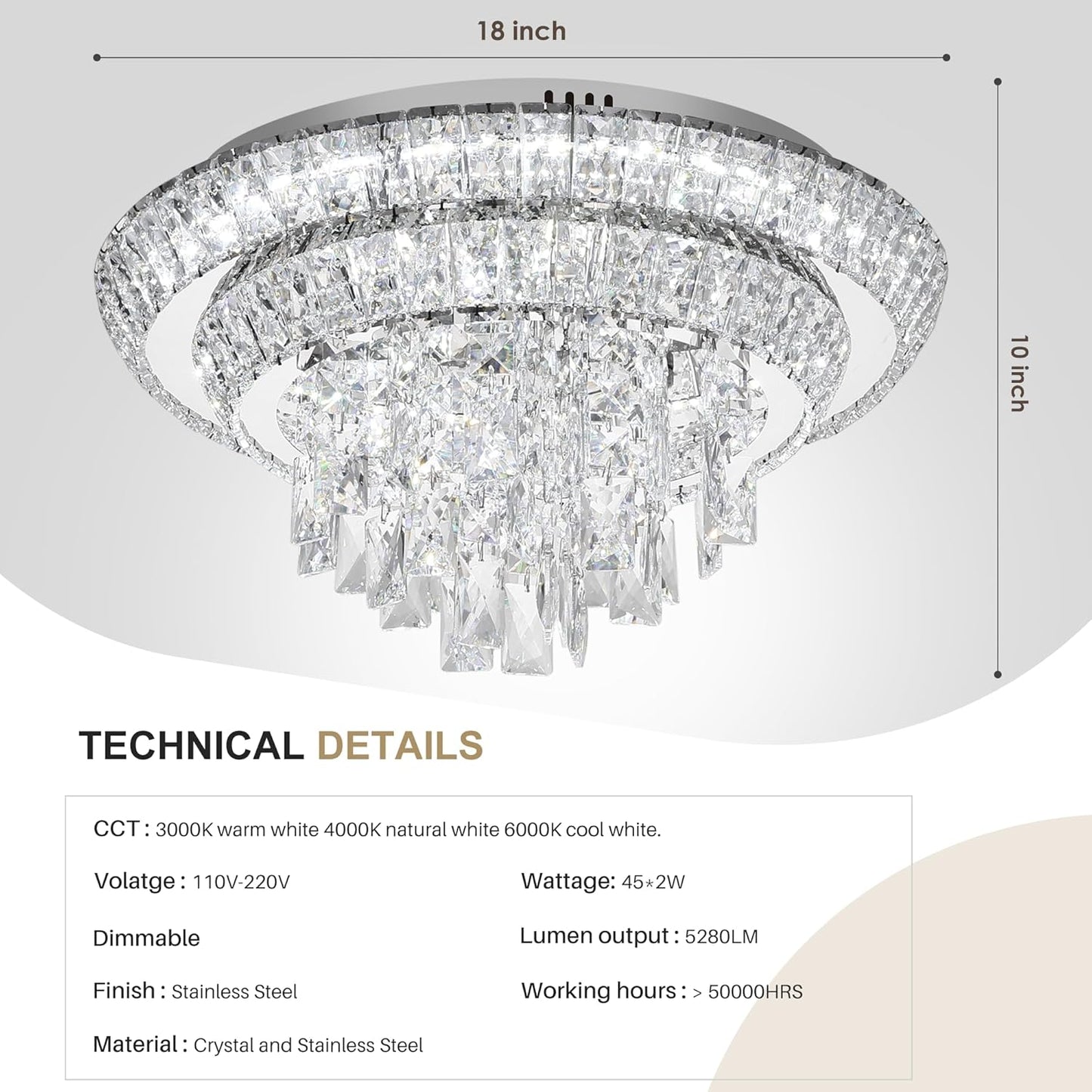 18 inch Crystal Silver Ceiling-Light Flush Mount with Remote Control and APP, 3CCT Dimmable & Brightness Adjustable, Modern Crystal Raindrop Chandeliers for Bedroom Hallway Dinning Room Living Room