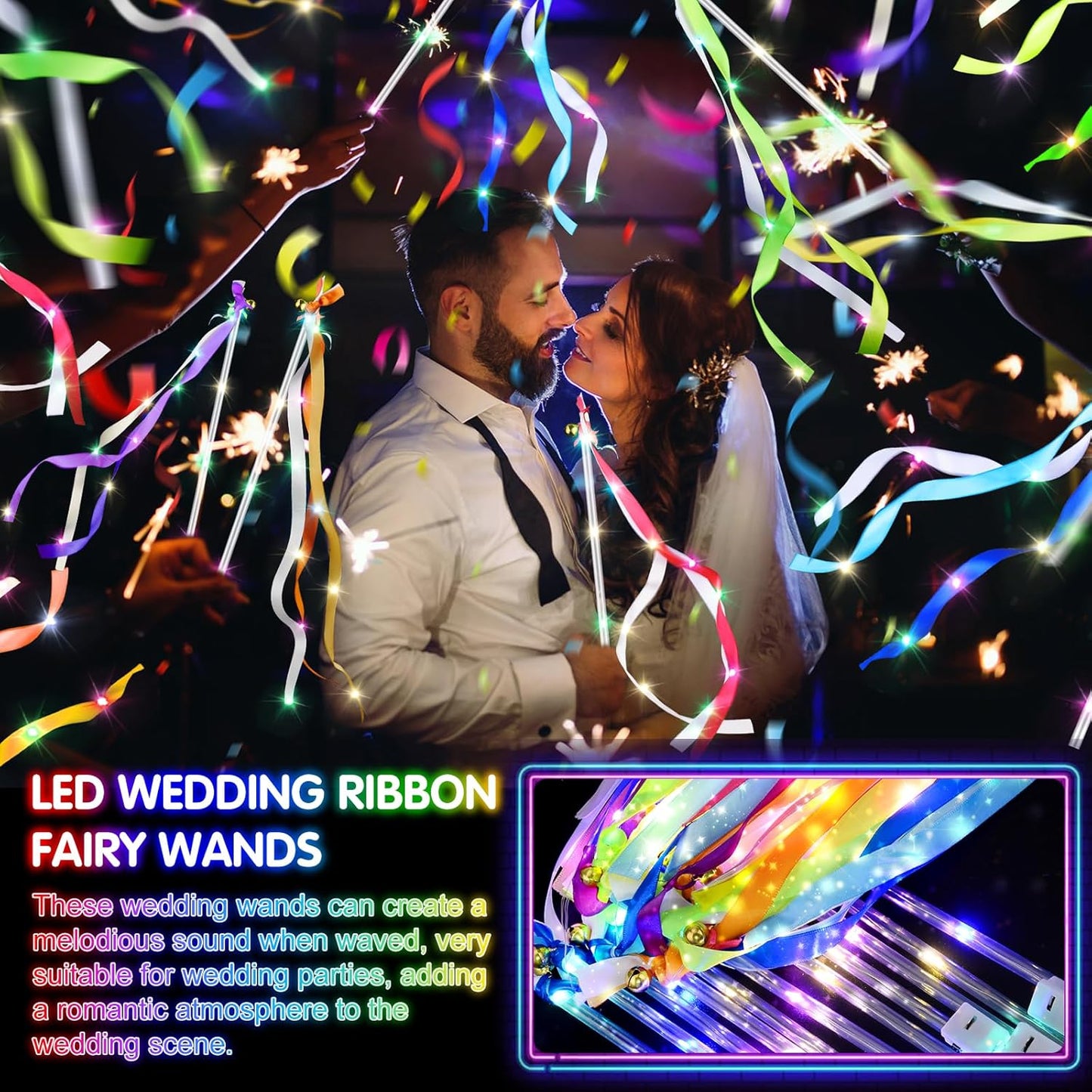 42 PCS Light Up Wands for Wedding, Wedding Favors with 3 Colorful Flashing Modes, LED Fairy Wands with Bells for Wedding Send Off, New Year, Raves, Concert, Birthday, Party Streamers