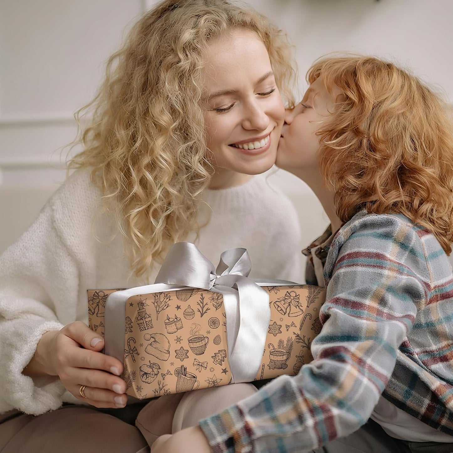 Ulmasinn Vintage Christmas Wrapping Paper Roll - Brown Kraft Paper 17" x33ft - with Cutting Line, Hand-Drawn Holiday Elements, Xmas Gift Wrap for Presents, Table Decor & Crafting