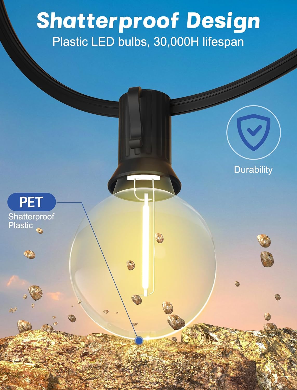 SUNSGNE G40 LED Globe Outdoor String Lights Waterproof Shatterproof, 25FT Outdoor Globe Lights with 25 LED Plastic Clear Light for Café Bistro Porch Pergola Tents Balcony Decor, Black Wire