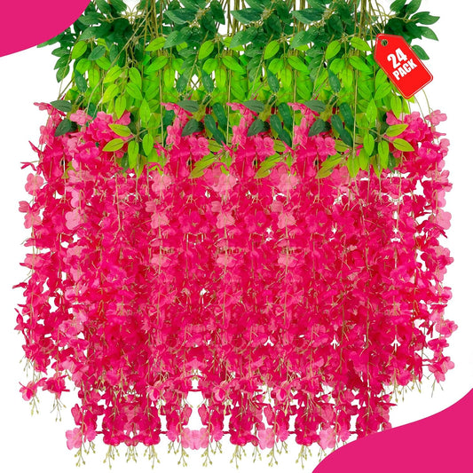 24 Pack Fuchsia Wisteria Hanging Flowers, 3.4 Ft Fake Hanging Flowers, Artificial Wisteria Garland Vines for Wedding Room Backdrop Outdoor Patio Garden Decoration