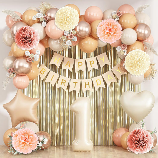 Beige 1st Birthday Decorations Cream Number 1 Balloon Nude Gold Happy Birthday Banner Fringe Curtain Paper Pom Poms Blush White Sand Champagne Star Foil Balloons Neutral Boho Party Decor