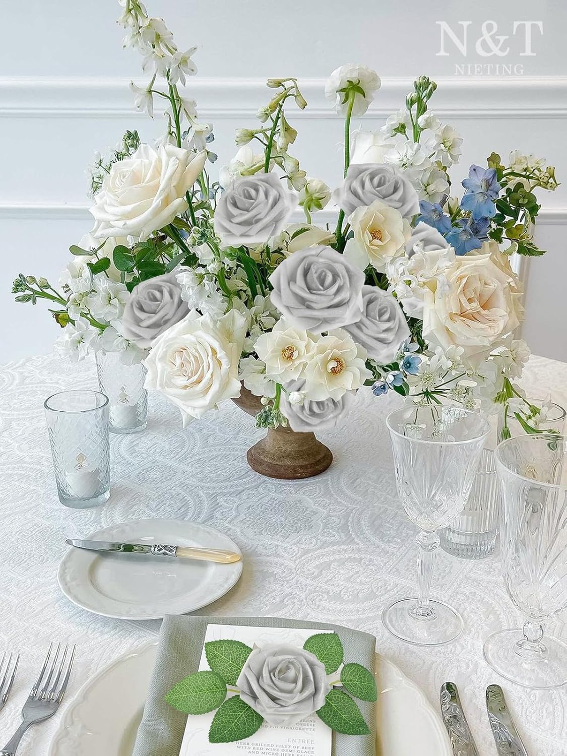 N&T NIETING Artificial Flowers, 25pcs Fake Flowers Roses with Stem for DIY Wedding Bouquets Centerpieces Bridal Shower Party Home Decoration, Silver White