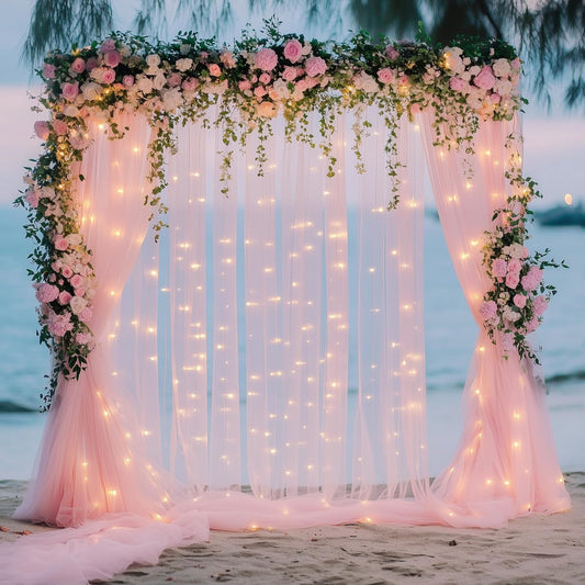Fomcet Pink Tulle Backdrop Curtains with Lights String 10FT X 8FT Sheer Curtain with Lights Tulle Curtains Backdrop for Wedding Birthday Party Baby Shower Photo Shoot (2 Panels 5x8FT)