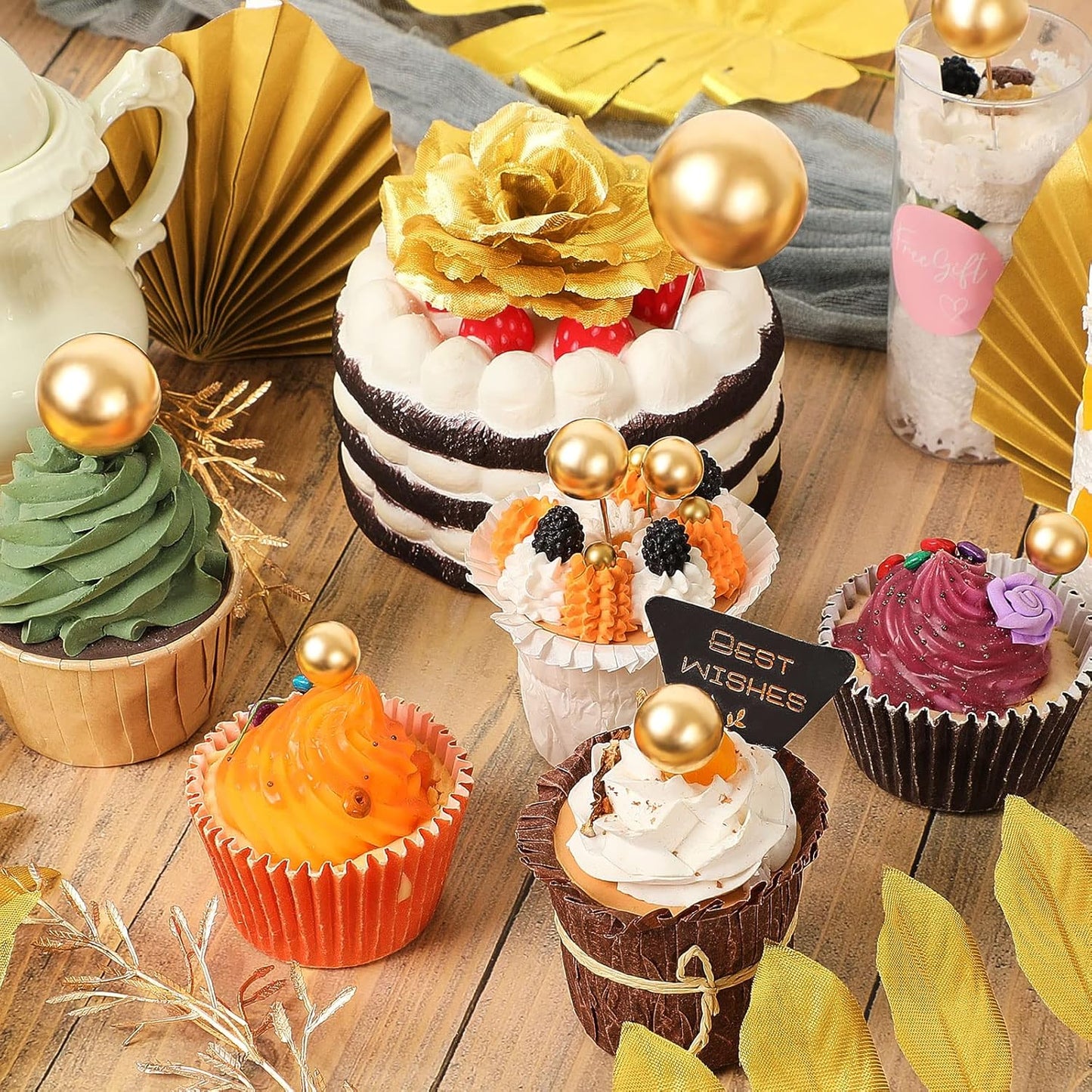 26 Pieces Happy Birthday Cake Topper Gold Cake Decorations Palm Leaves Balls Cupcake Toppers Floral Flower Artificial Leaves for Birthday Wedding(Gold)
