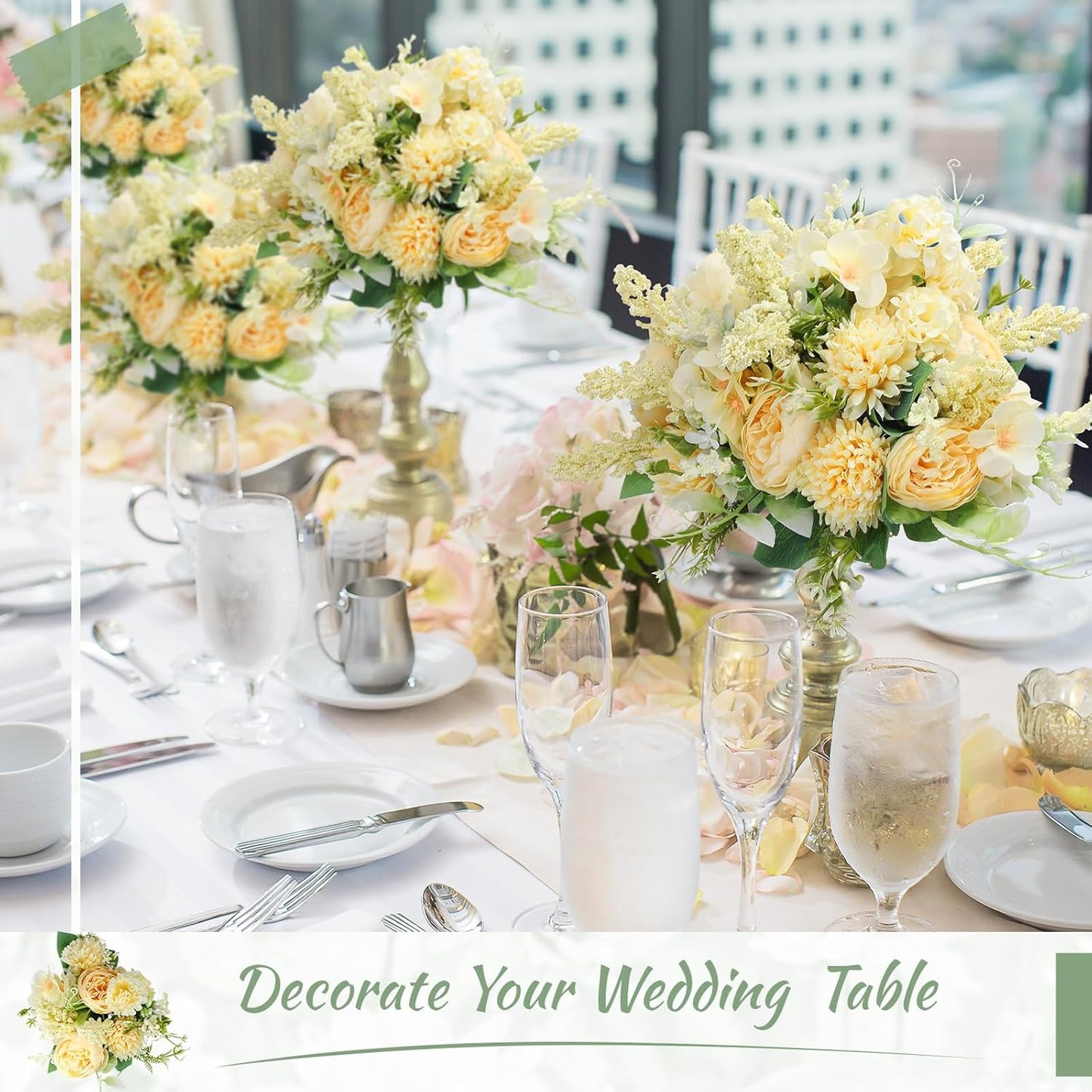 Zeyune 8 Pcs Wedding Silk Flowers Fake Silk Flowers Faux Bouquet Hydrangea Bouquets for Wedding Birthday Party Table Centerpieces Home Decoration(Champagne,Peony)