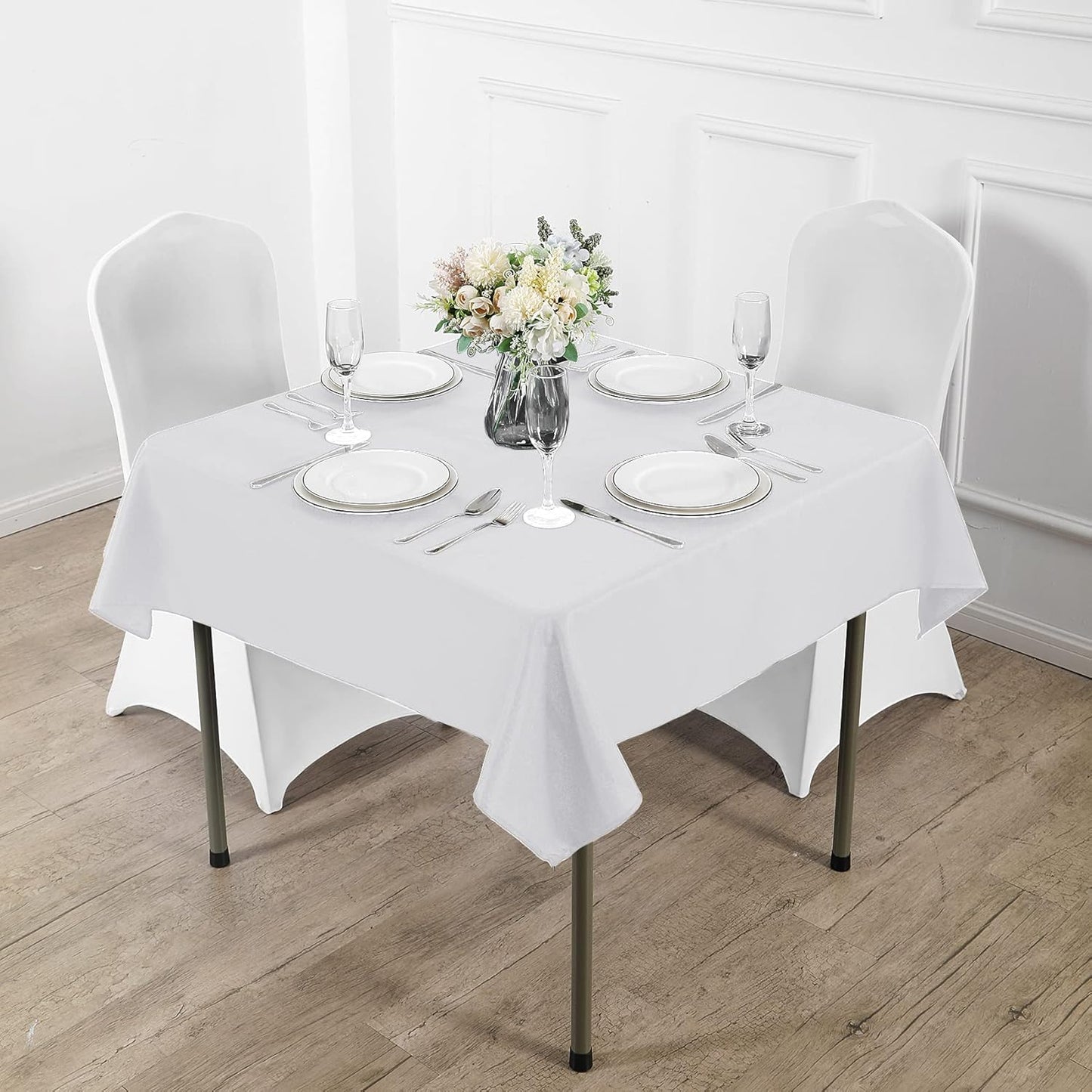 Fokitut 2 Pack Waterproof Square Tablecloth, 90x90 Inch, Stain Resistant and Wrinkle Polyester Table Cloth, Fabric Table Cover for Kitchen Dining, Wedding, Party, Holiday Dinner-White