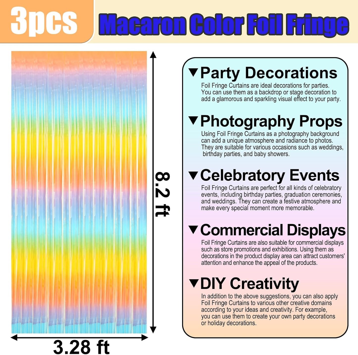 3 Pack Rainbow Foil Fringe Curtain Backdrop, 3.28Ft x 8.2Ft Metallic Tinsel Foil Fringe Streamer Curtains for Photo Booth, Christmas Day, Thanksgiving, Wedding, New Year Party Decorations