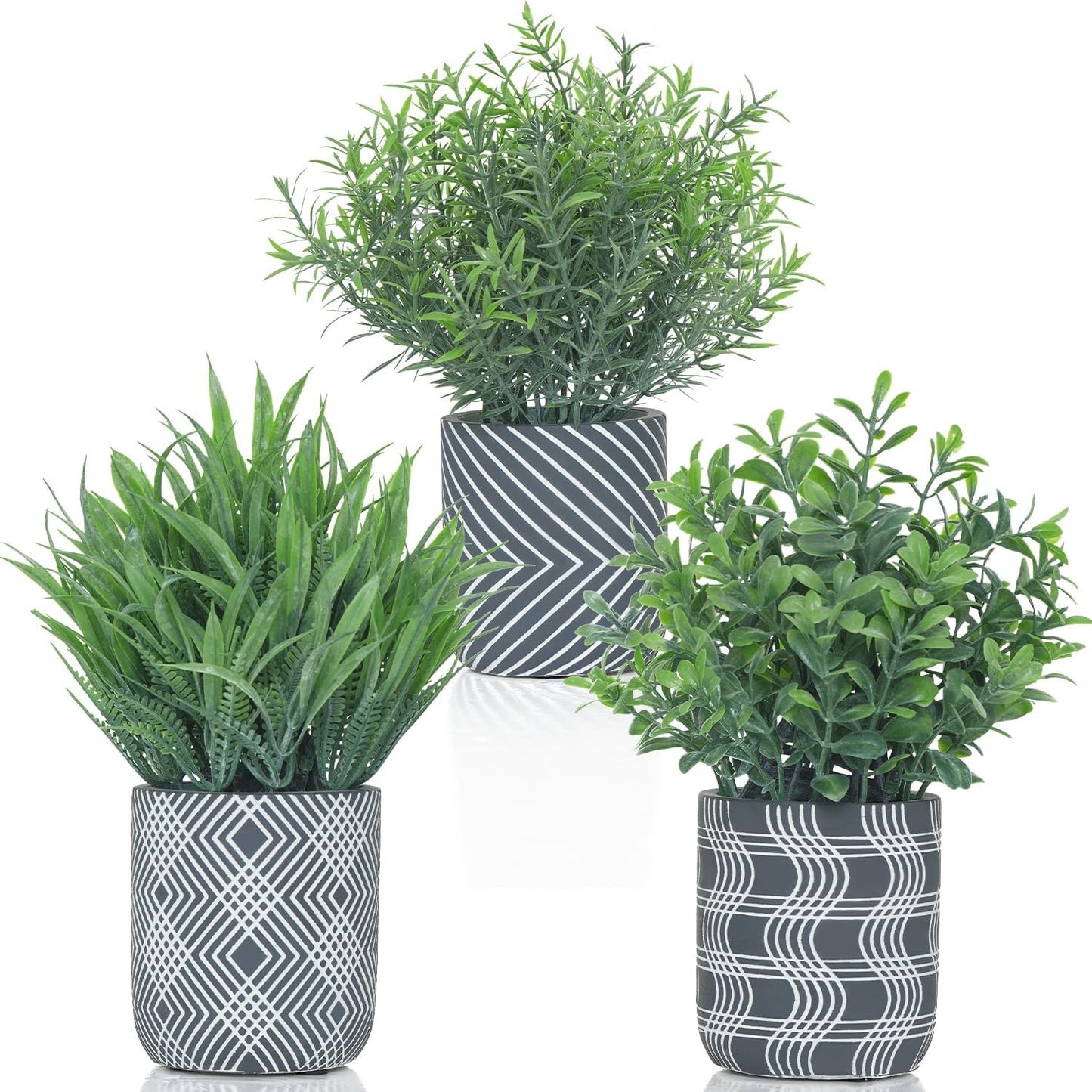 3 Pack Small Fake Plants, Fake Grass Plant, Artificial Boxwood & Rosemary with Geometric Pattern Cement Pots, Small Potted Faux Greenery for Home Decor, Bathroom, Office, Farmhouse Decoration