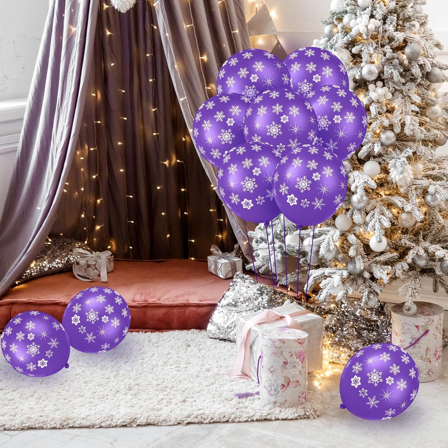 Skylety 40 Pieces Snowflake Balloons Bulk Winter Transparent Snowflake Latex Balloons for Christmas Birthday Wedding Party Decorations(Purple)