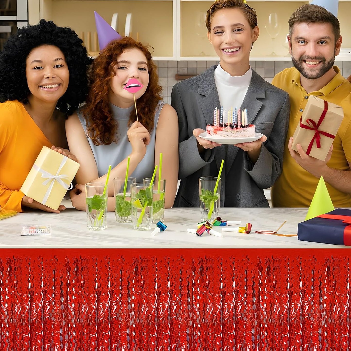 6 Pack 29x108 Inch Red Wave Foil Fringe Table Skirts Metallic Banner for Tinsel Streamer Garland Backdrop for Parade Floats Mother's, Graduate, Mardi Gras, Birthday, Wedding Party Decorations