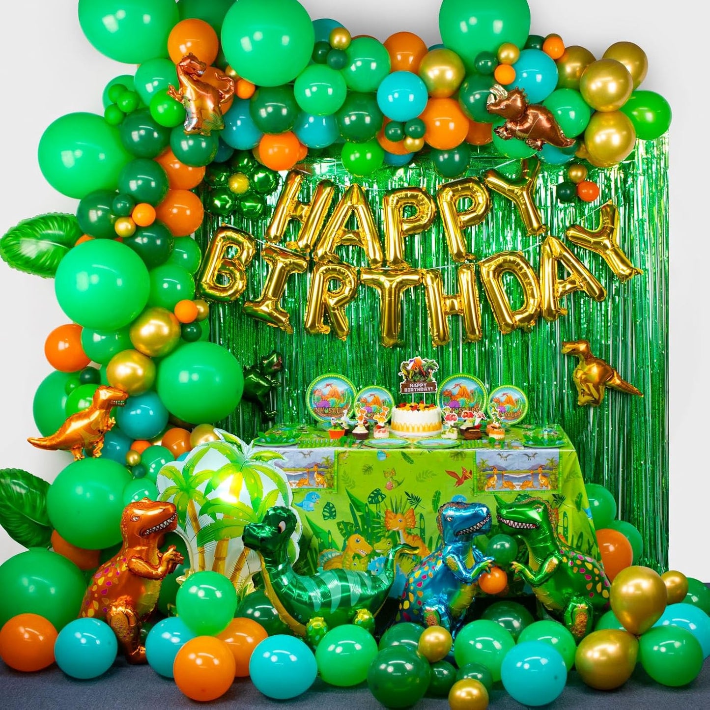 Dinosaur Party Decorations, Dinosaur Birthday Party Supplies for Kids Include Dino Foil Balloons, HAPPY BIRTHDAY Banner, Cake Toppers, Plates, Napkins, Curtains & Customized Tablecloth