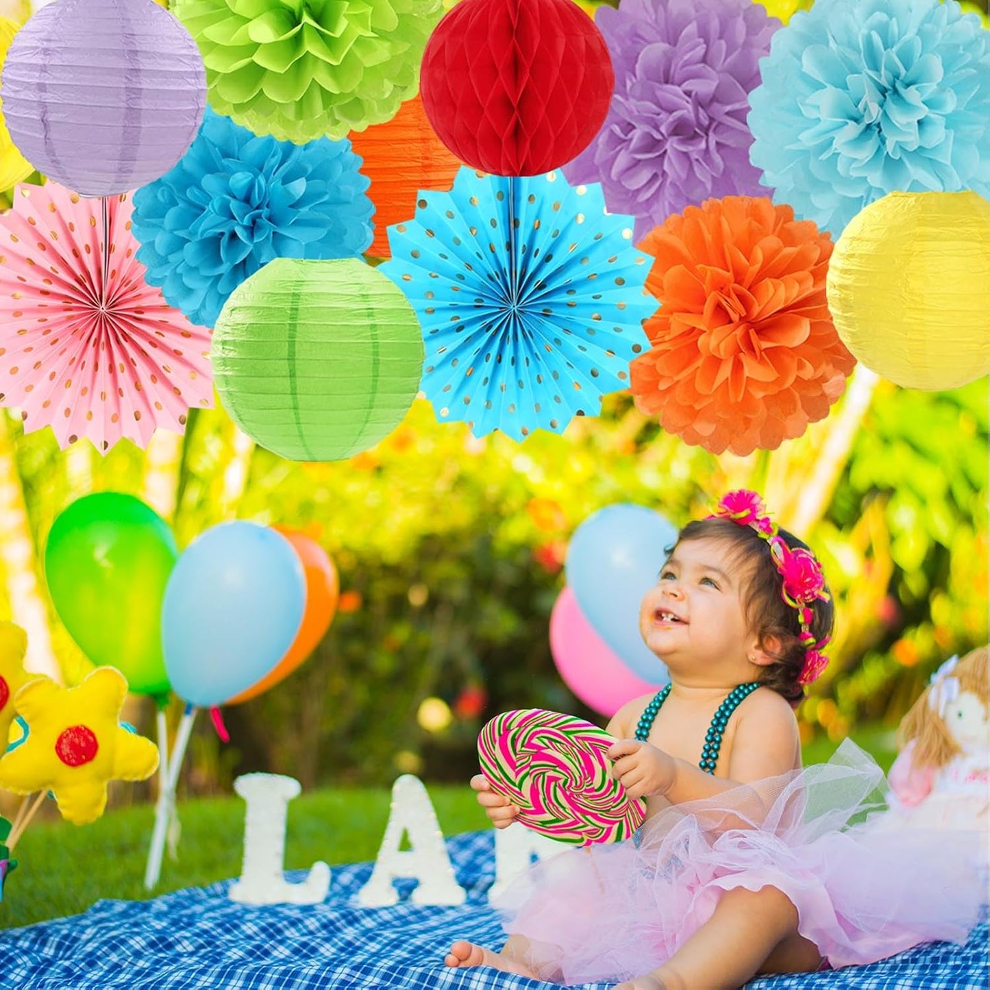 Rainbow Red-Orange Green-Blue Purple Party-Decorations - 14pcs Colorful Theme Paper Lanterns Fan,Tissue Pom Poms Streamers,Honeycomb Balls,Boy Girl Kids Birthday Baby Shower Wedding Supplies Ouruola