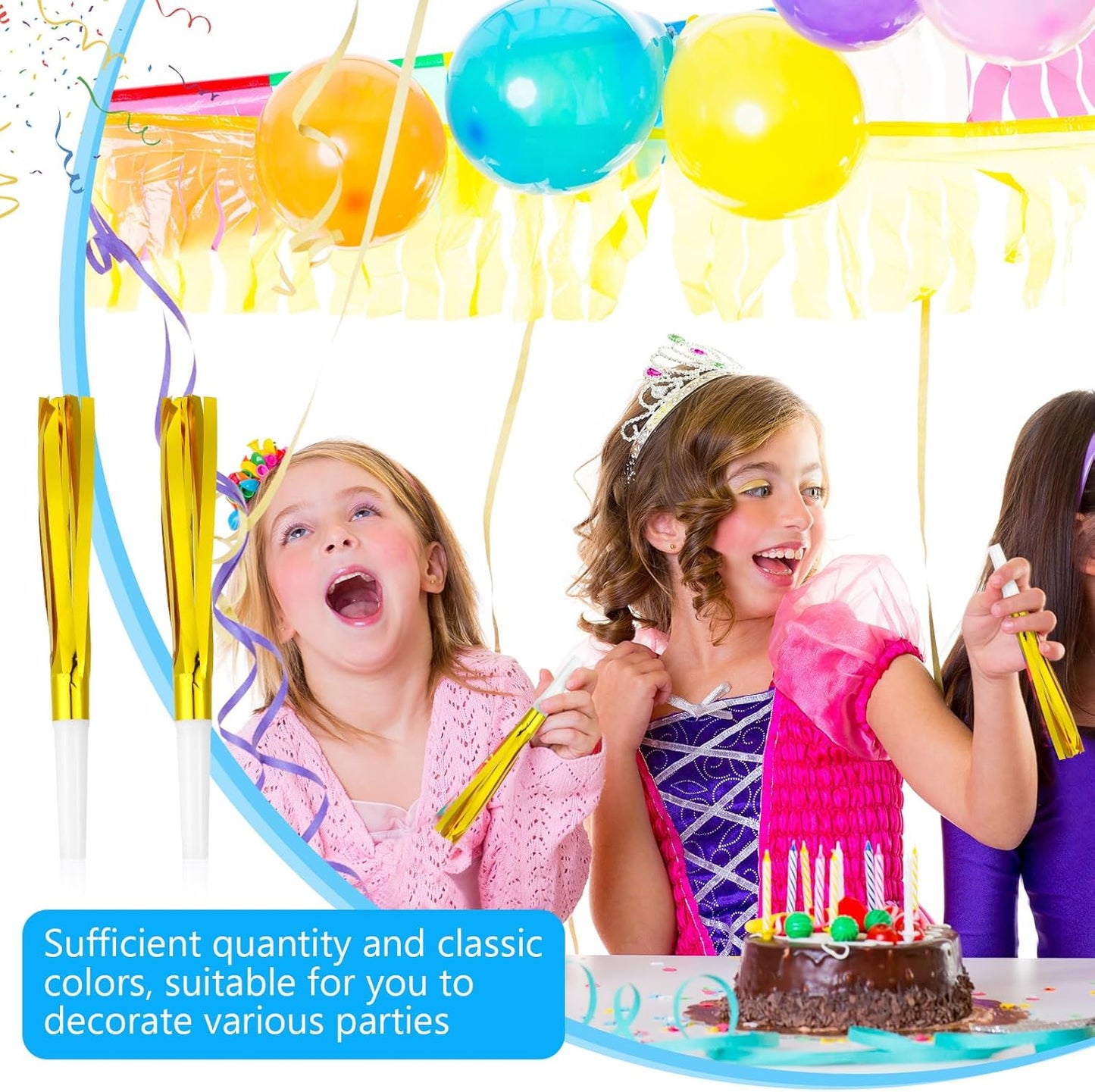 48 Pcs Gold Noise Makers Glitter Metallic Fringed Noise Makers Horns for Baby Shower, Kids Birthday, New Year Party Favor - Gold