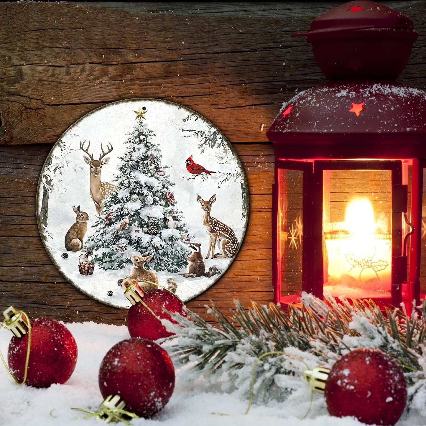 Round Christmas Snow Animals Metal Tin Sign - Vintage Christmas Tree & Winter Sign for Home & Outdoor Decorations - 8 * 8 in