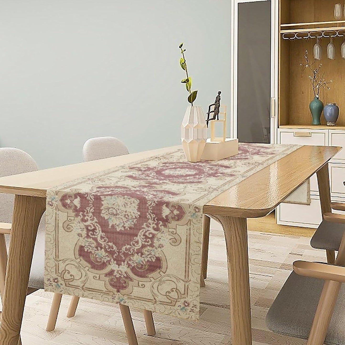 Boho Bohemia Table Runner, Vintage Blue Gold Retro Flower Rustic Country Floral Printed Pattern for Home Kitchen Table Decor Dining Coffee Room Garden Party Wedding Decor 13x108in