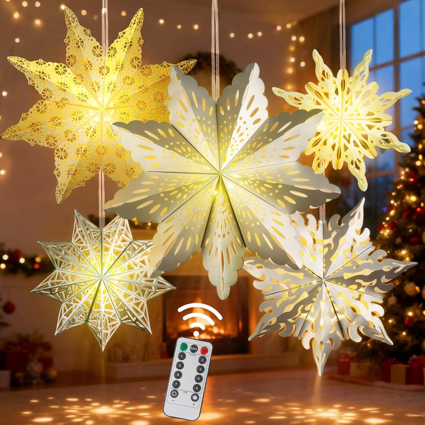 5 Pcs Christmas Paper Snowflake Lanterns, Large 3D Christmas Paper Star Lanterns with LED Lights, White Silver Hanging Snowflake Lamps for Xmas Winter Frozen Weddings Holiday Party Decorations