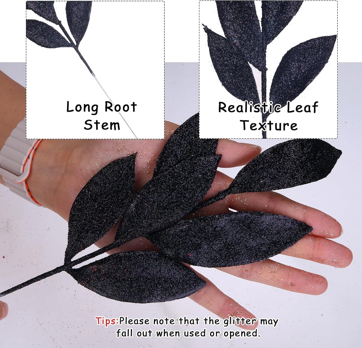 GREENTIME 12 Pack Artificial Black Glitter Leaves 13" Fake Decorative Glitter Sticks for Vase Christmas Tree DIY Wreath Crafts Fireplace Halloween Decor
