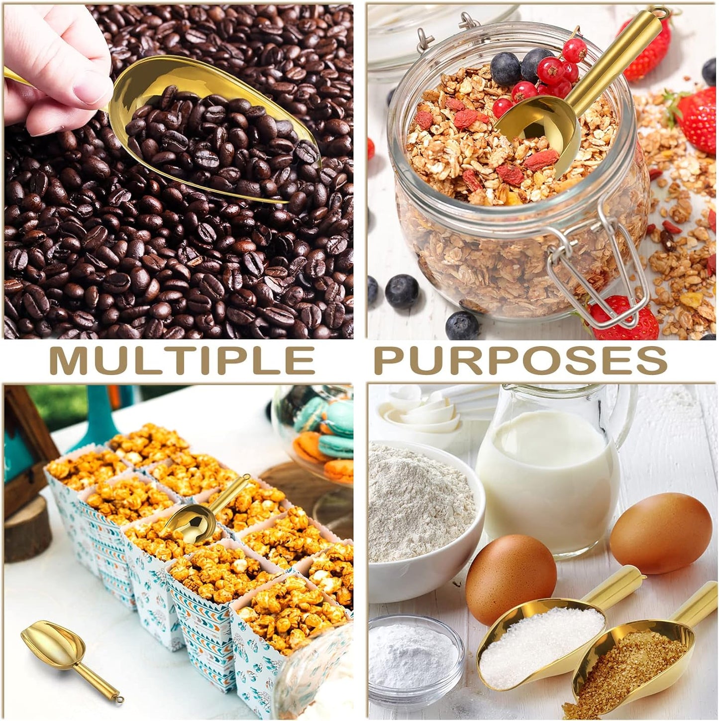 P&P CHEF Canister Scoop Set of 3, Ice Candy Scoop, Stainless Steel Multipurpose Food Scooper for Buffet Jar Freezer, Mirror Finish & Dishwasher Safe, Gold, 3+3+3 Oz