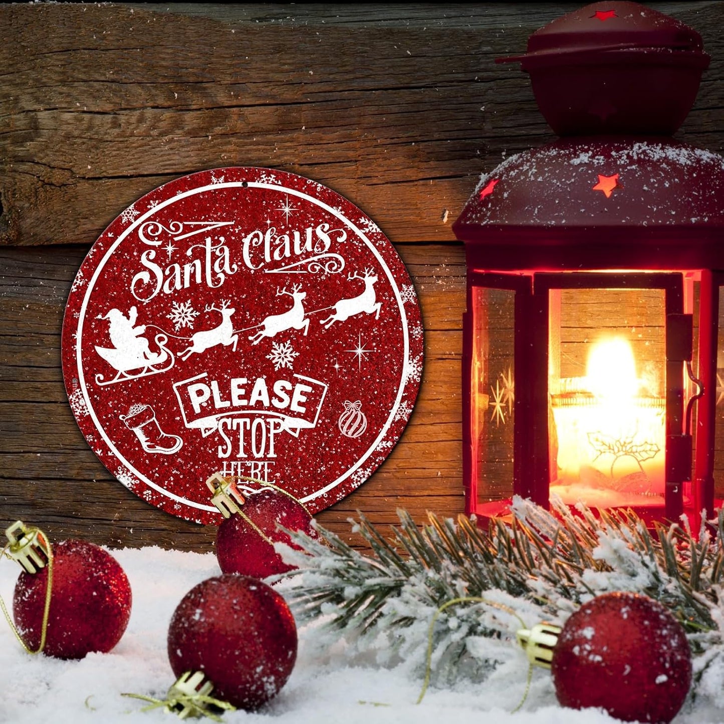 Round Metal Tin Sign - Santa Sleigh Reindeer Vintage Sign - Santa Claus Please Stop Here Sign for Christmas Living Room Bedroom Coffee Bar - 8 * 8 in