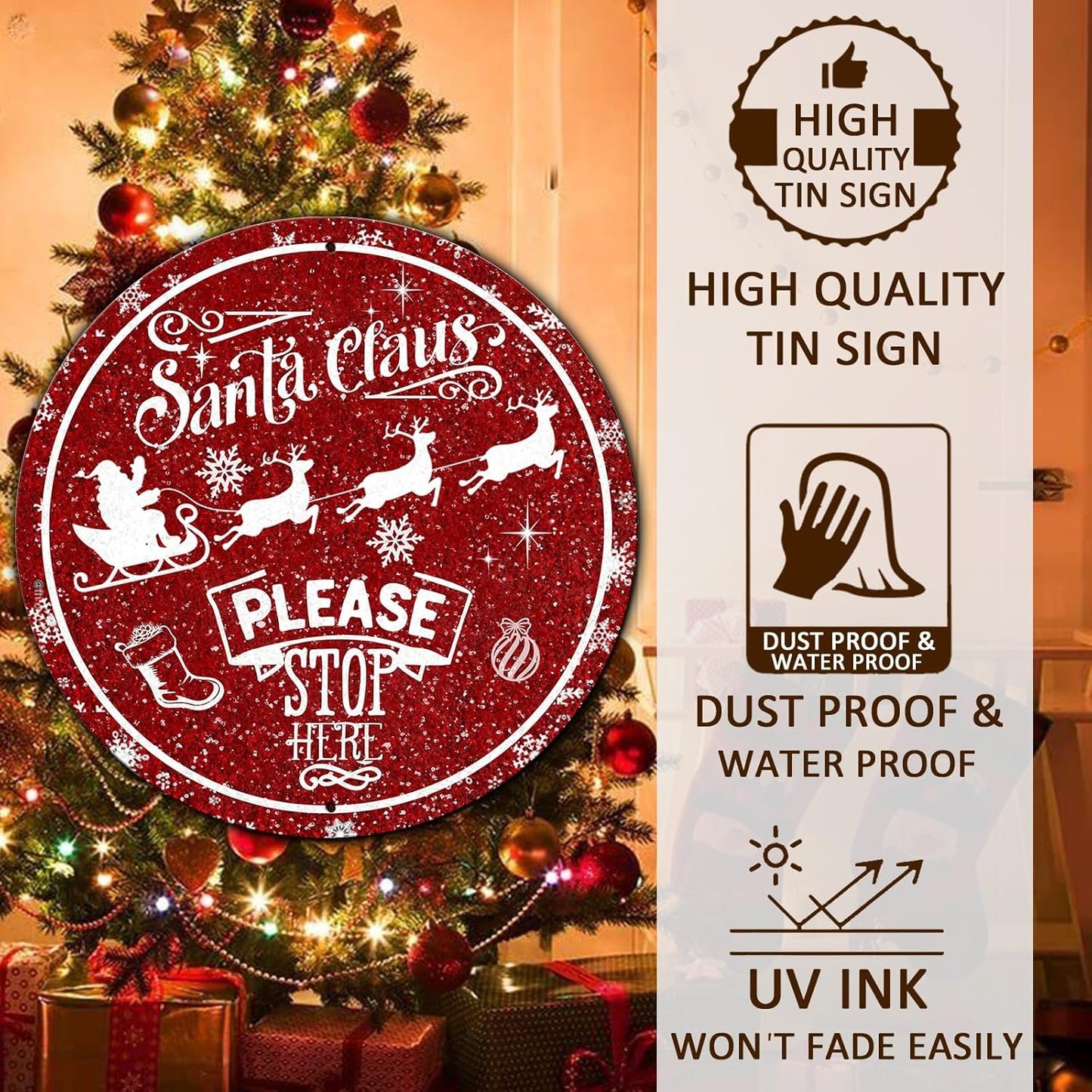 Round Metal Tin Sign - Santa Sleigh Reindeer Vintage Sign - Santa Claus Please Stop Here Sign for Christmas Living Room Bedroom Coffee Bar - 12 * 12 in