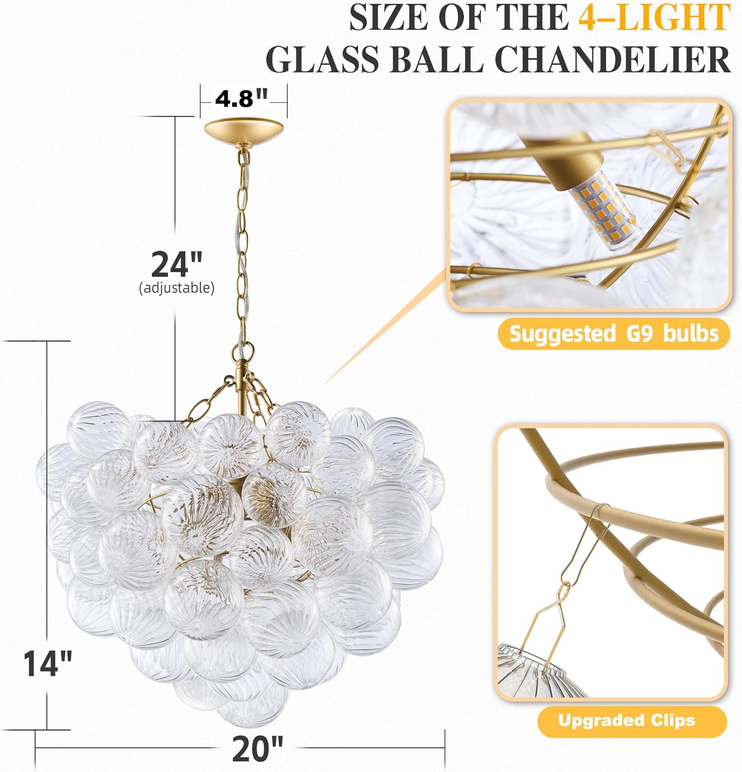 Nordic Bubble Ball Swirled Glass Chandelier, Dia 20 inch Gild Gold and Clear Blown Glass Small Pendant Light Fixture for Bedroom Study Restaurant