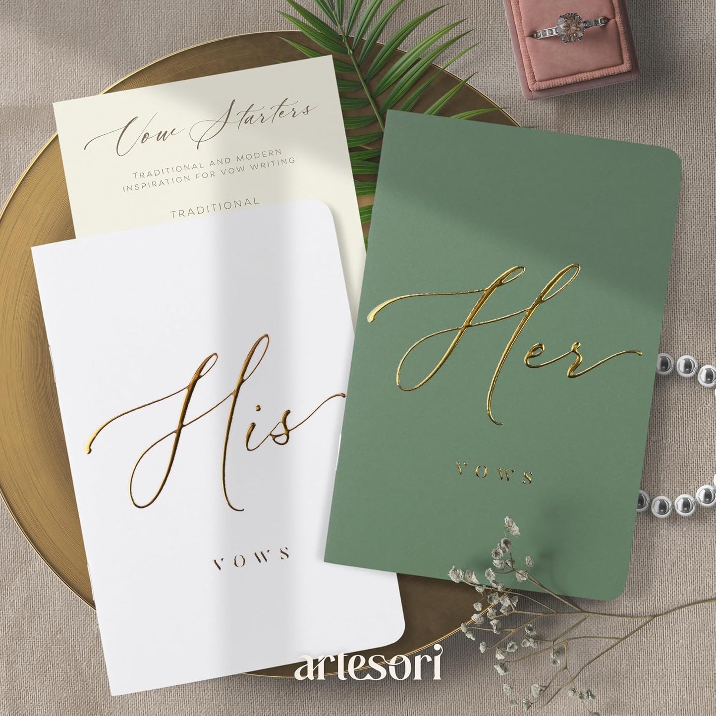 ARTESORI Wedding Vow Book for Her & Him, Soft Touch, Gold Engraving, 28 Lined Pages, Wedding Vow Books His and Hers, Wedding Essentials, Wedding Registry Gifts, His and Hers Gifts [Sage & White]