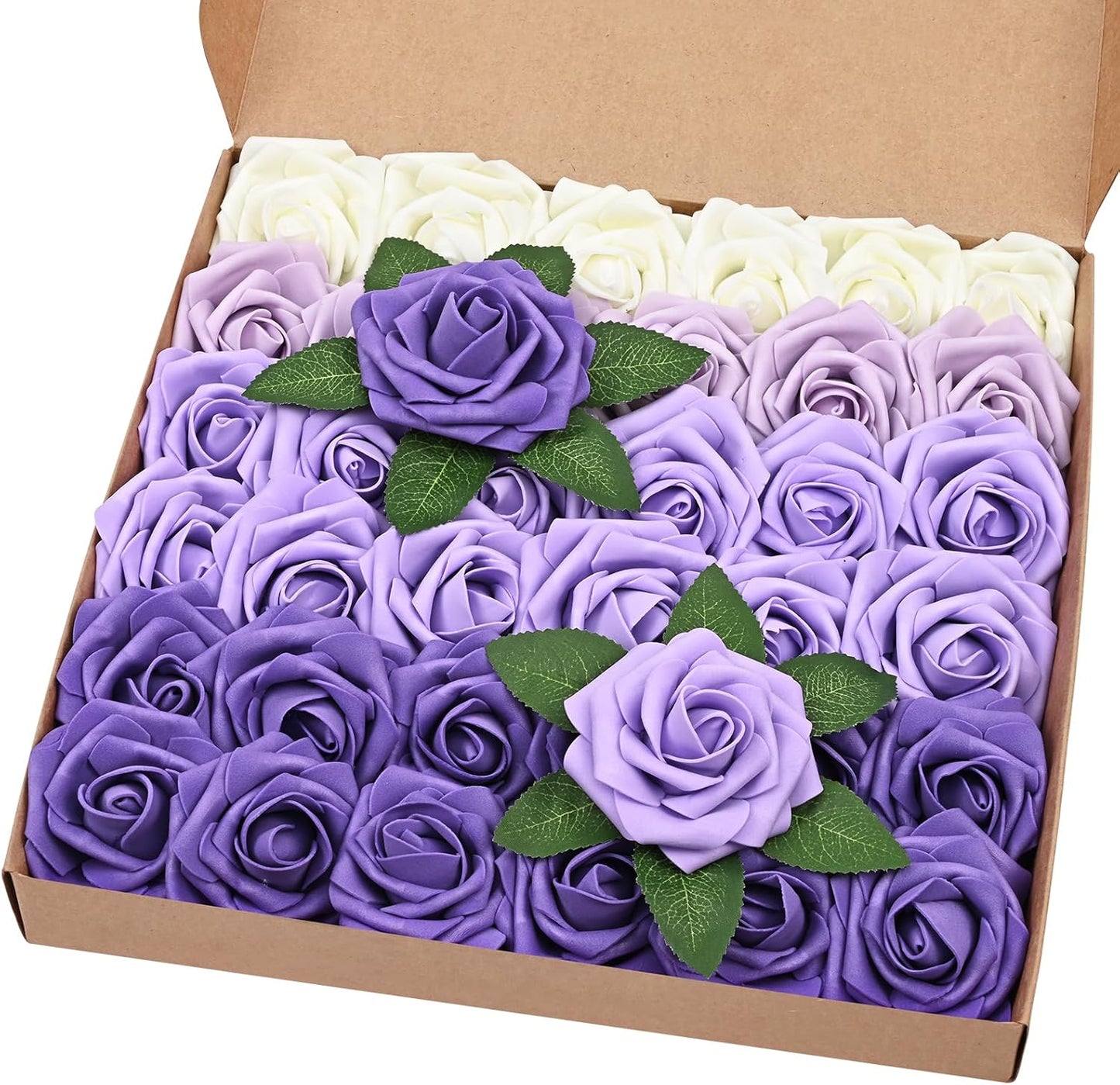 BLEUM CADE 36Pcs Artificial Flowers Fake Roses with Stems, Gradient Purple Boxed Foam Roses for DIY Bouquets Centerpieces Wedding Party Arrangement Bridal Shower Decor