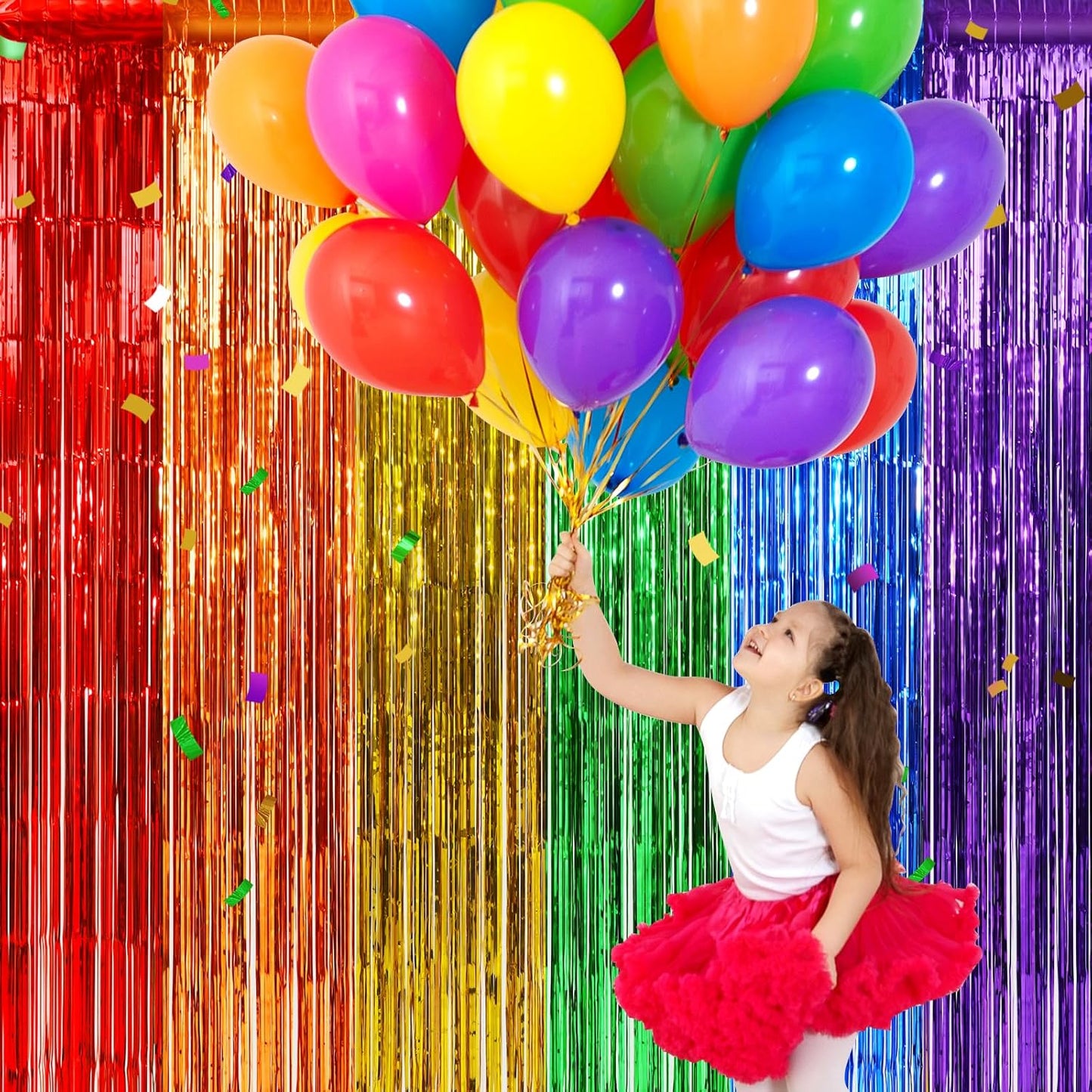 2Pack 3.3X6.6Ft Rainbow Foil Fringe Curtains Backdrop Decorations, Rainbow Metallic Tinsel Foil Streamers Curtain Photo Booth Background for Birthday Wedding Engagement Pride Party Decorations