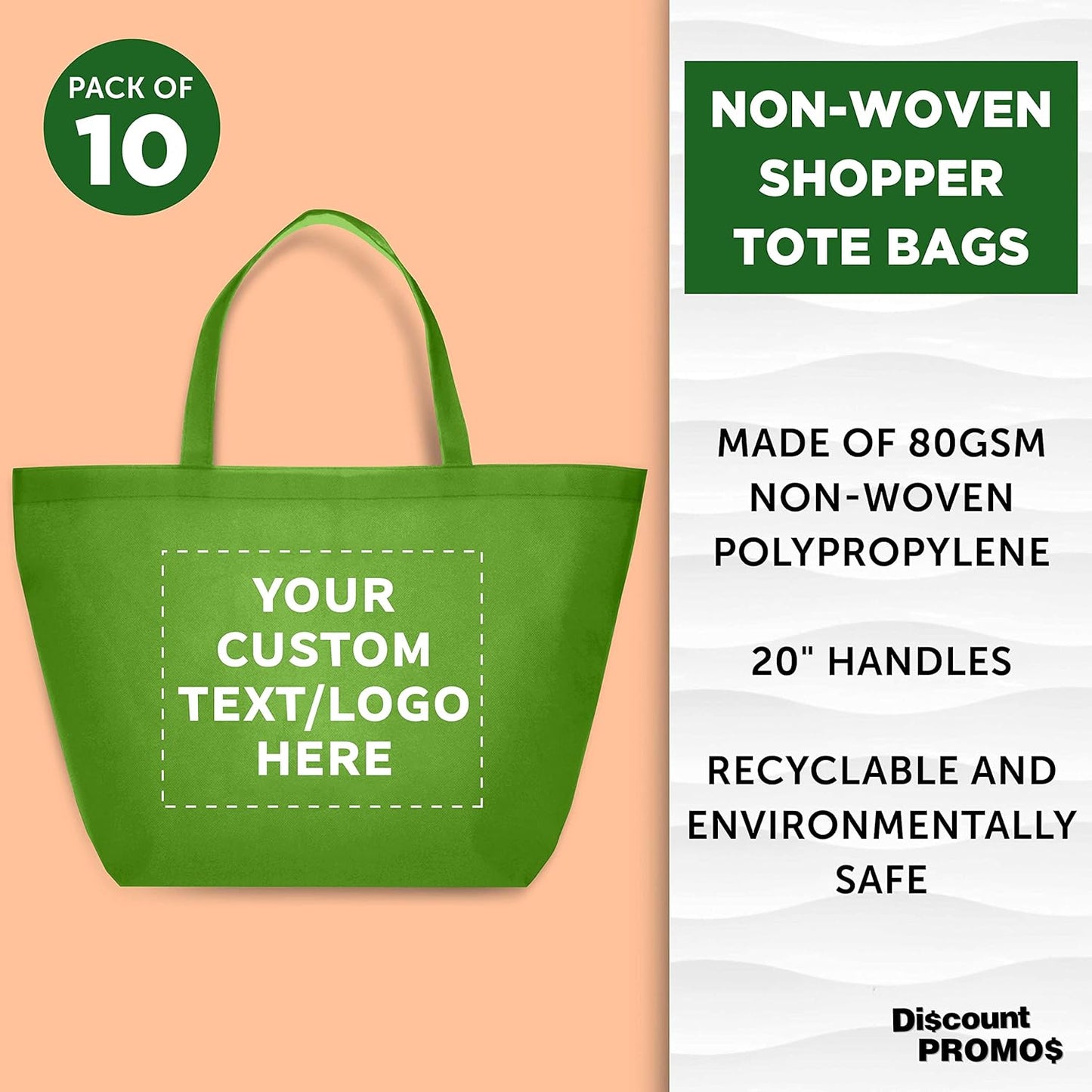 DISCOUNT PROMOS Custom Southern Style Grocery Tote Bags Set of 10 - Personalized Bulk Pack, Reusable Grocery & Shopping Bags - Great for Travel, Business Promotions - Lime Green - 20"X13"X8"