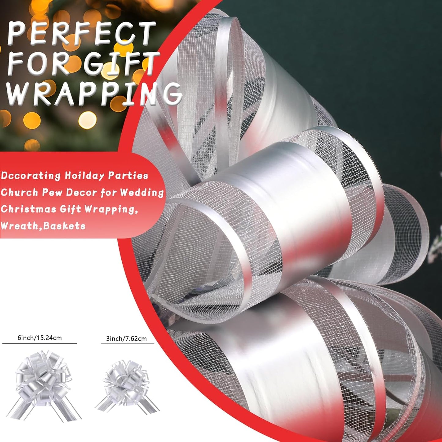 40 Pieces 6 Inches and 3 Inches Pull Bow Wrapping Pull Bow Ribbon Pull Bows for Wedding Baskets,Large Bows for Presents. (Silver)