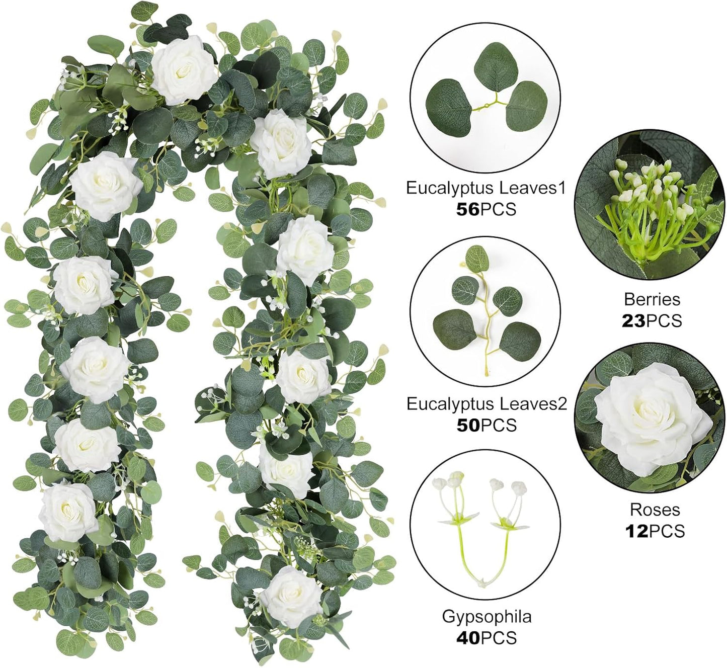 MACTING 6.6FT Fake Flower Garland with White Roses Artificial Gypsophila Eucalyptus Garland Floral Greenery Vine for Wedding Arch Table Centerpieces Backdrop Party Home Summer Decorations