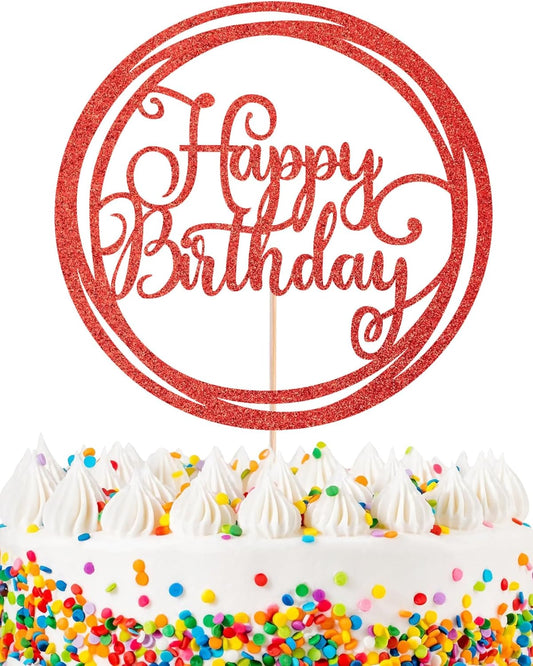 Happy Birthday Cake Topper - Red Glitter Happy Birthday Cake Decoration Supplies for Children or Adults - Happy Birthday Cake Bunting Decor, Photo Booth Props