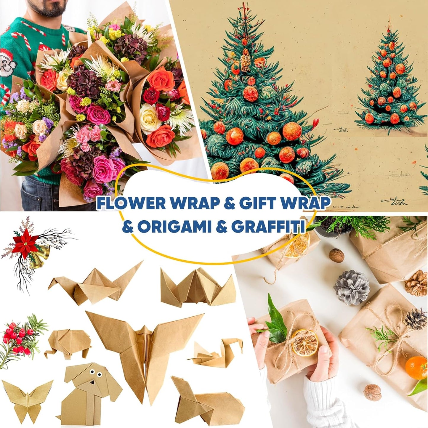 Wrapping Paper, 17.8" x 1200" Brown Kraft Paper Roll Bulletin Board Easel Poster Decorative Kraft Paper, Fathers Day Bouquet Flower Gift Wrap, Table Floor Covering Packing Shipping Moving Supplies