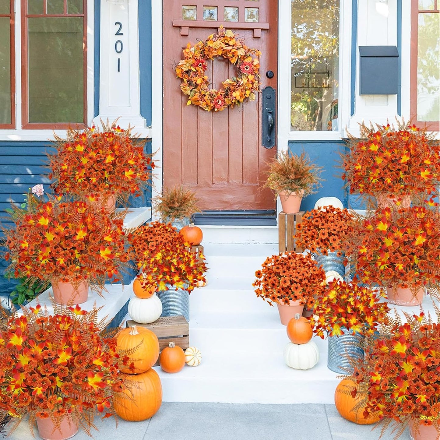 64Pcs Fall Flowers Outdoor Faux Fall Flowers Plants UV Resistant Autumn Artificial Plastic Flowers Greenery Fall Decoration for Outside Home Porch Patio Thanksgiving Decoration