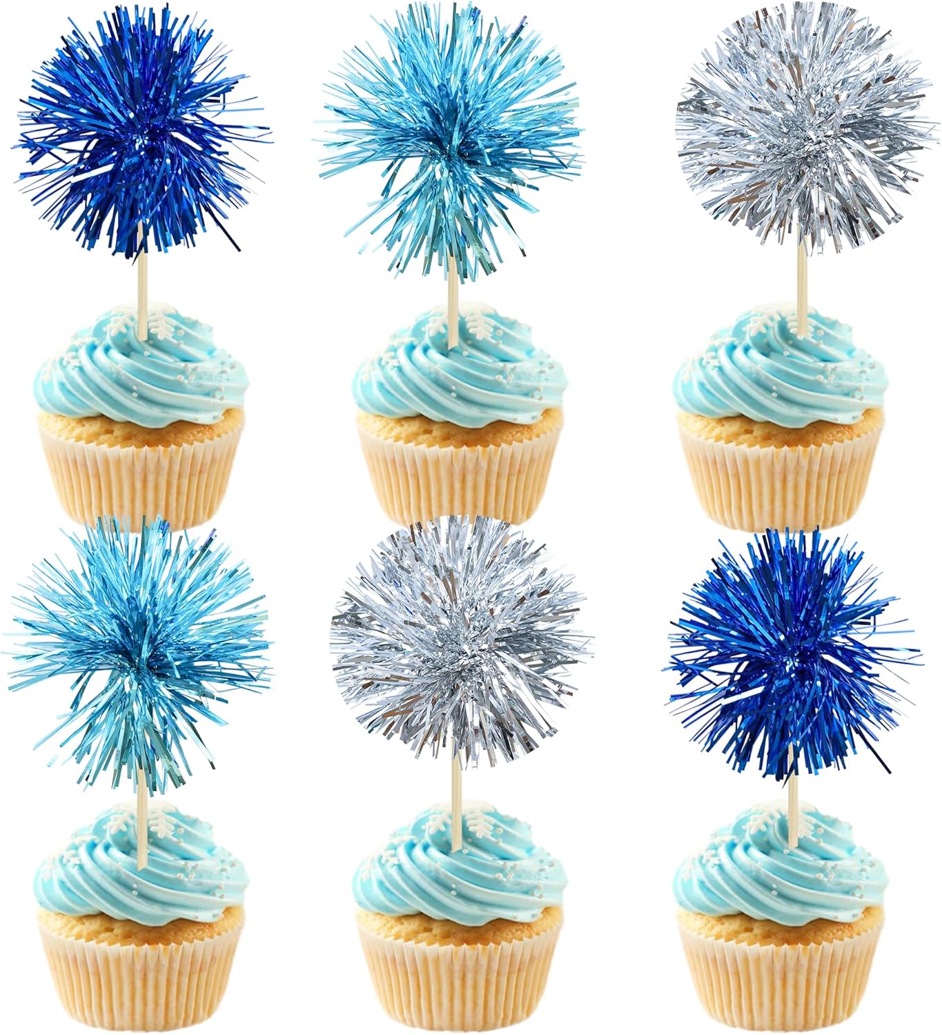 Gyufise 30Pcs Foil Firework Cupcake Toppers Sparkle Tinsel Cake Toppers Tinsel Drink Cake Decoration Cocktail Picks for Birthday Wedding Graduation Party Supplies Blue Silver