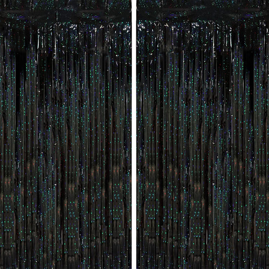 2 Pack Laser Black Tinsel Foil Fringe Curtains, Black Party Decorations, Metallic Tinsel Party Streamers Backdrop for Birthday Halloween Masquerade New Years Gatsby 1920s Party Decorations