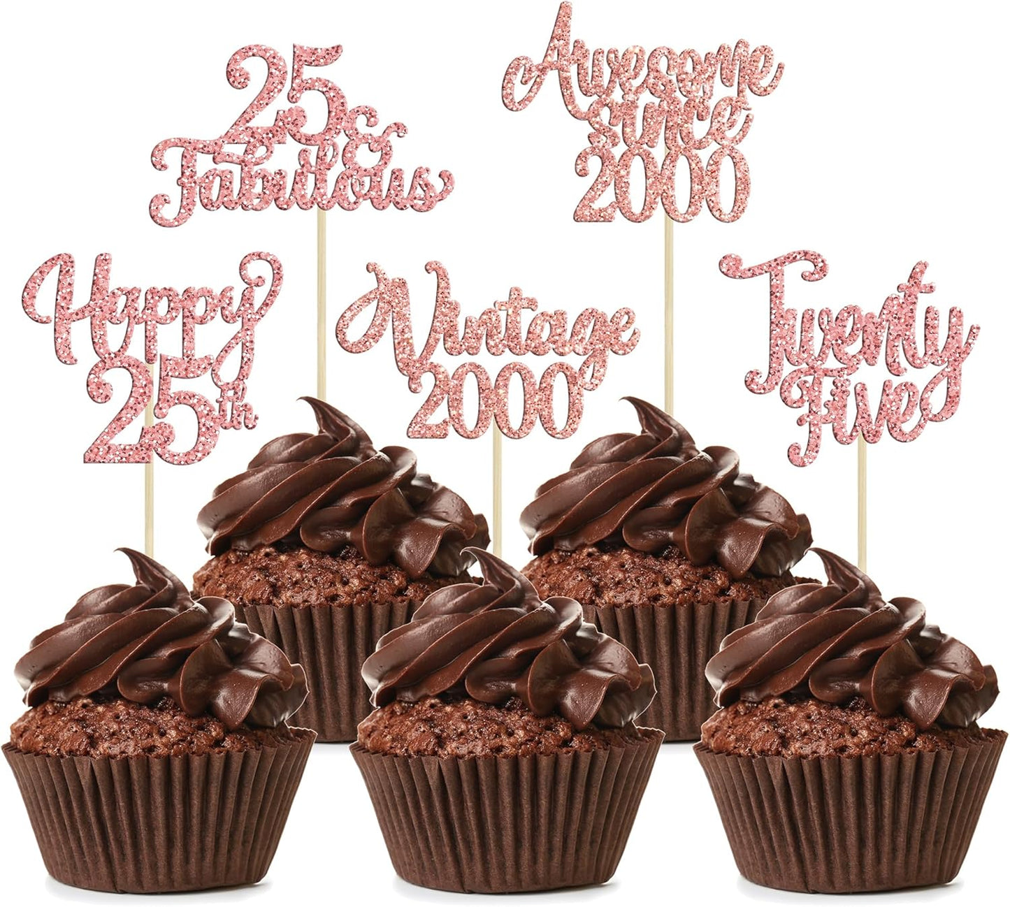 30Pcs Vintage 2000 Cupcake Toppers Glitter Twenty-Five 25 Fabulous Happy 25th Birthday Cupcake Picks Awesome Since 2000 Cake Decorations for 25th Birthday Retirement Party Supplies Rose Gold