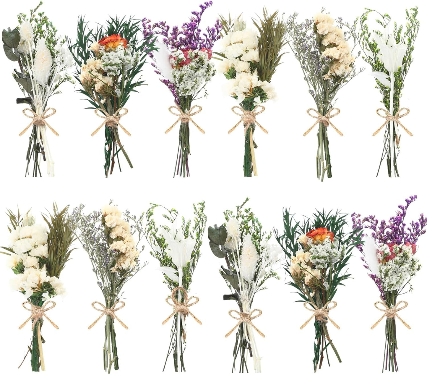 12/24 Pack Dried Flowers for Vase Various Mini Bouquet Dried Small Wildflowers Natural Real Flowers Bulk for Crafts DIY Wedding Decor (12, White)
